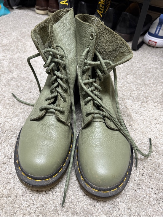 Dr. Martens Shoes - Dr. Martens Women’s Olive Green Leather Combat Boots with Yellow Stitching